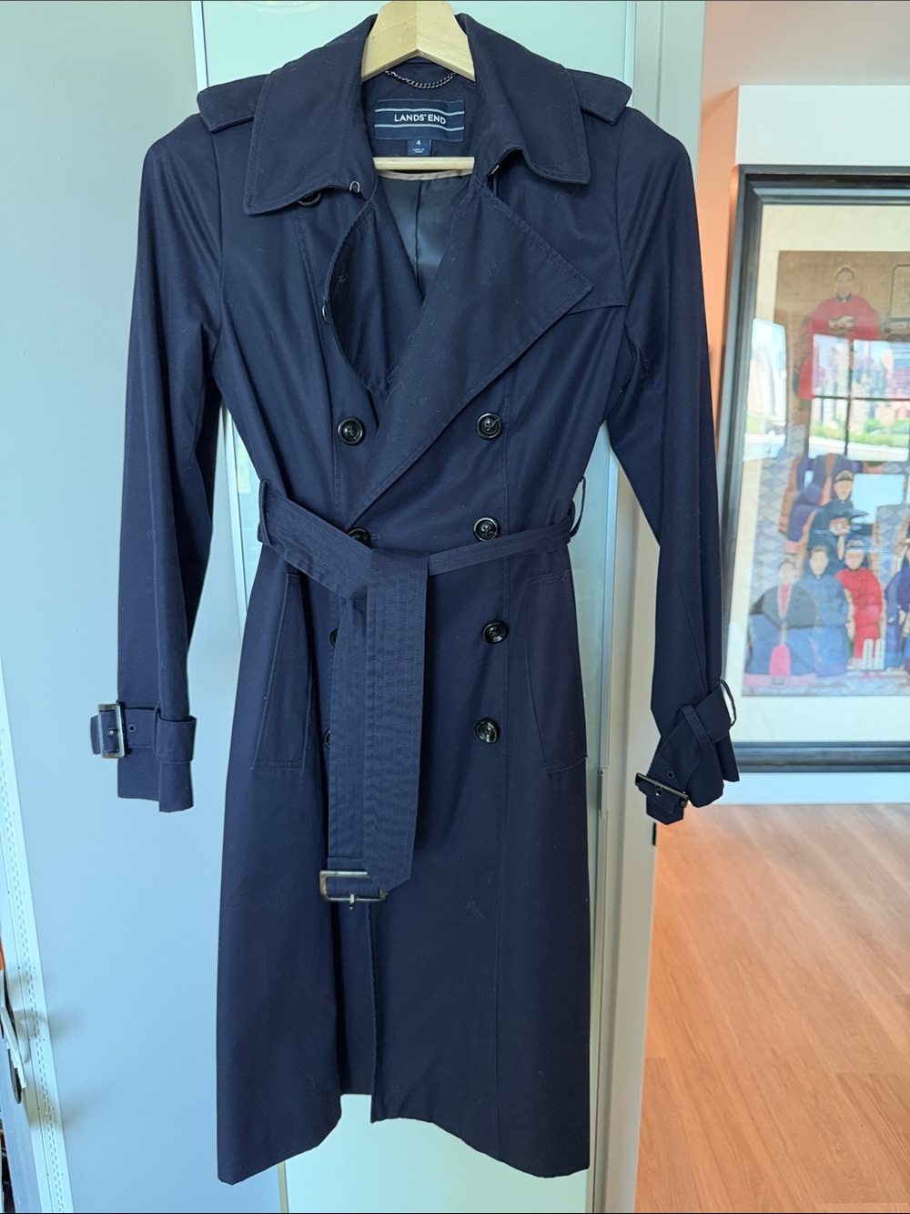 Lands' End Navy Double-Breasted Trench with Belt